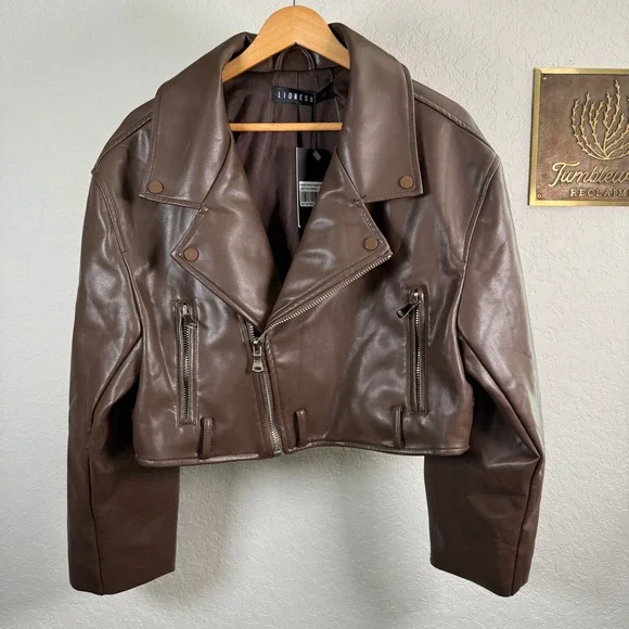 Lioness Staten Island Brown Vegan Leather Cropped Moto Jacket Womens XS NEW - Picture 2 of 11